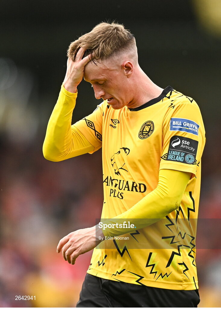 8 October 2023; Chris Forrester of St Patrick's Athletic reacts during the Sports Direct Men’s FAI Cup semi-final match between Cork City and St Patrick's Athletic at Turner’s Cross in Cork. Photo by Eóin Noonan/Sportsfile