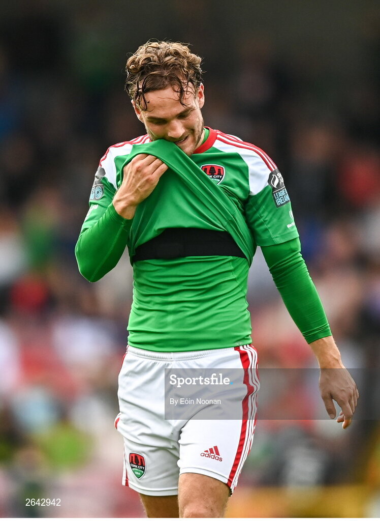 8 October 2023; Cian Murphy of Cork City reacts during the Sports Direct Men’s FAI Cup semi-final match between Cork City and St Patrick's Athletic at Turner’s Cross in Cork. Photo by Eóin Noonan/Sportsfile