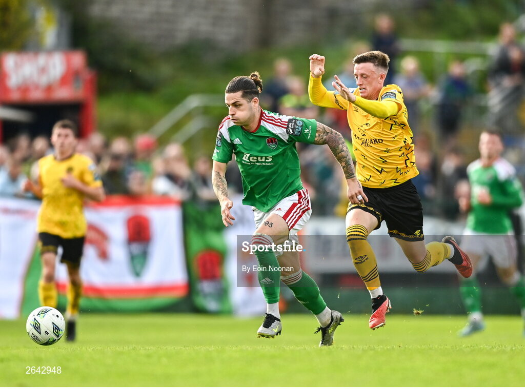 8 October 2023; Ruairi Keating of Cork City in action against Chris Forrester of St Patrick's Athletic during the Sports Direct Men’s FAI Cup semi-final match between Cork City and St Patrick's Athletic at Turner’s Cross in Cork. Photo by Eóin Noonan/Sportsfile