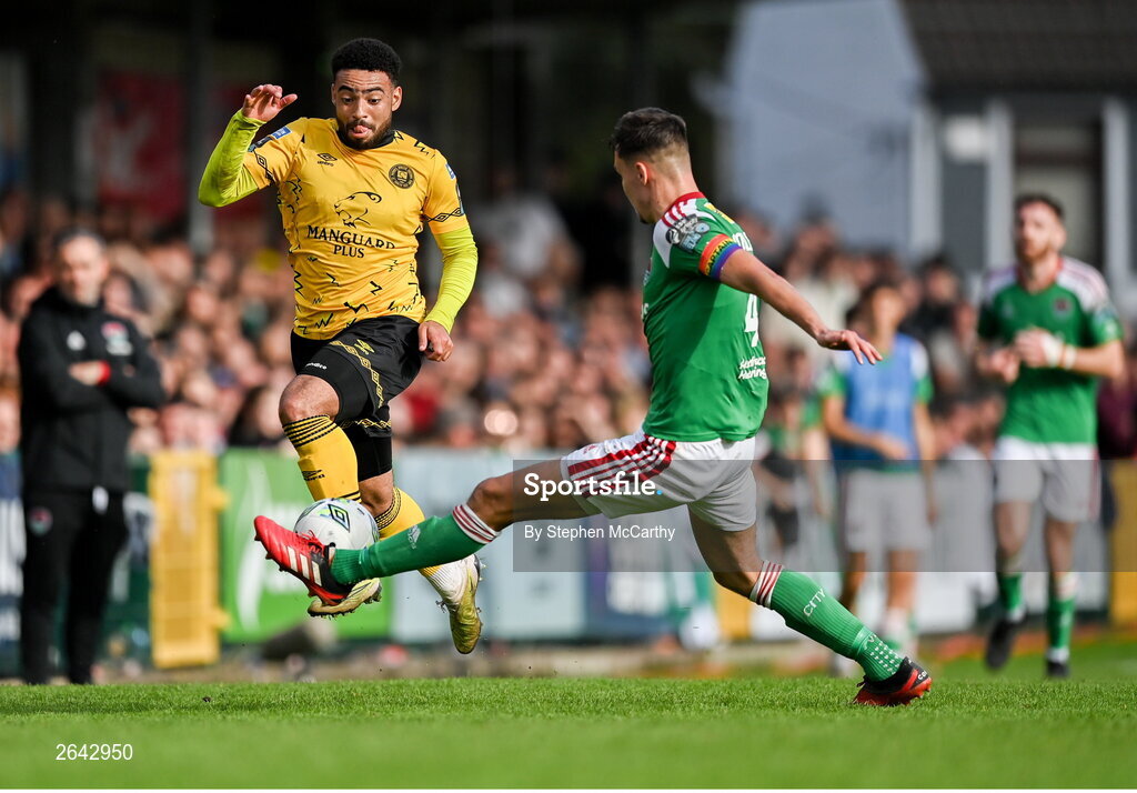 8 October 2023; Jake Mulraney of St Patrick's Athletic in action against Cian Coleman of Cork City during the Sports Direct Men’s FAI Cup semi-final match between Cork City and St Patrick's Athletic at Turner’s Cross in Cork. Photo by Stephen McCarthy/Sportsfile