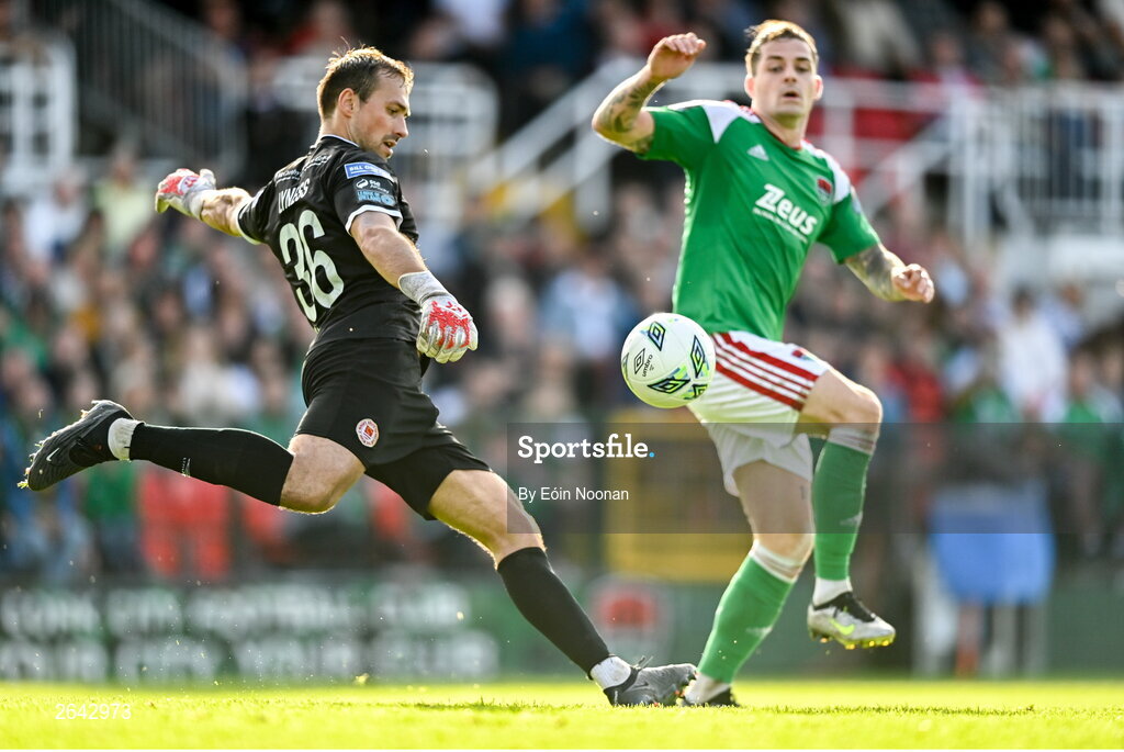 8 October 2023; St Patrick's Athletic goalkeeper Dean Lyness with Ruairi Keating of Cork City  during the Sports Direct Men’s FAI Cup semi-final match between Cork City and St Patrick's Athletic at Turner’s Cross in Cork. Photo by Eóin Noonan/Sportsfile