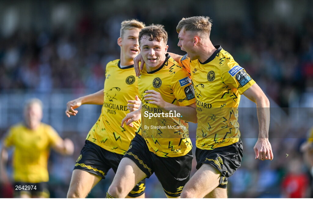 8 October 2023; Conor Carty, centre, of St Patrick's Athletic celebrates with team-mates Thijs Timmermans, left, and Alex Nolan, right, after scoring their side's second goal during the Sports Direct Men’s FAI Cup semi-final match between Cork City and St Patrick's Athletic at Turner’s Cross in Cork. Photo by Stephen McCarthy/Sportsfile