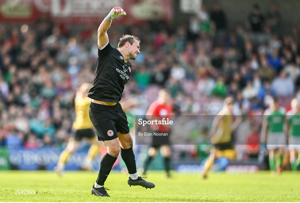 8 October 2023; St Patrick's Athletic goalkeeper Dean Lyness celebrates his side's second goal during the Sports Direct Men’s FAI Cup semi-final match between Cork City and St Patrick's Athletic at Turner’s Cross in Cork. Photo by Eóin Noonan/Sportsfile