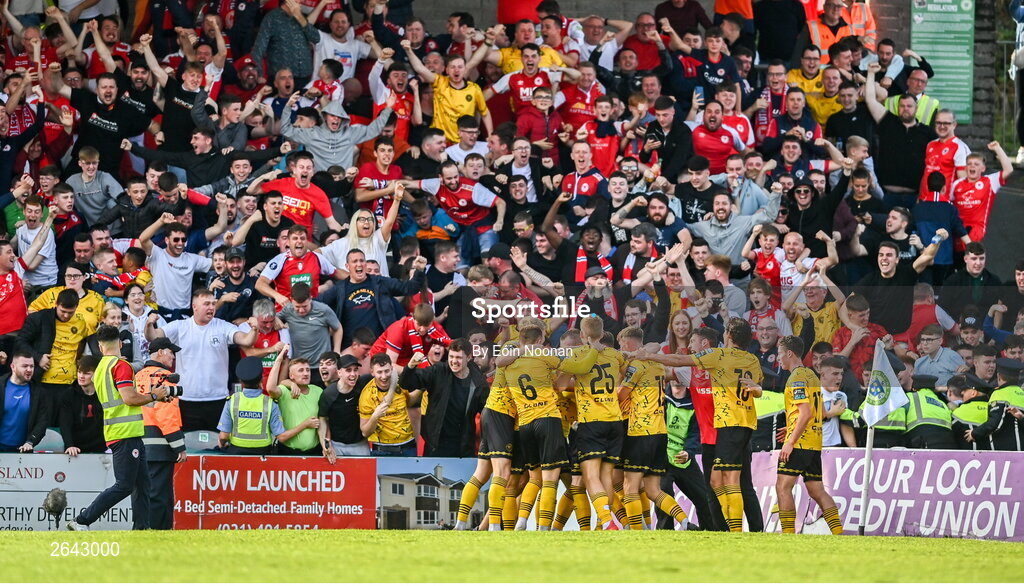 8 October 2023; St Patrick's Athletic players celebrate their side's second goal during the Sports Direct Men’s FAI Cup semi-final match between Cork City and St Patrick's Athletic at Turner’s Cross in Cork. Photo by Eóin Noonan/Sportsfile