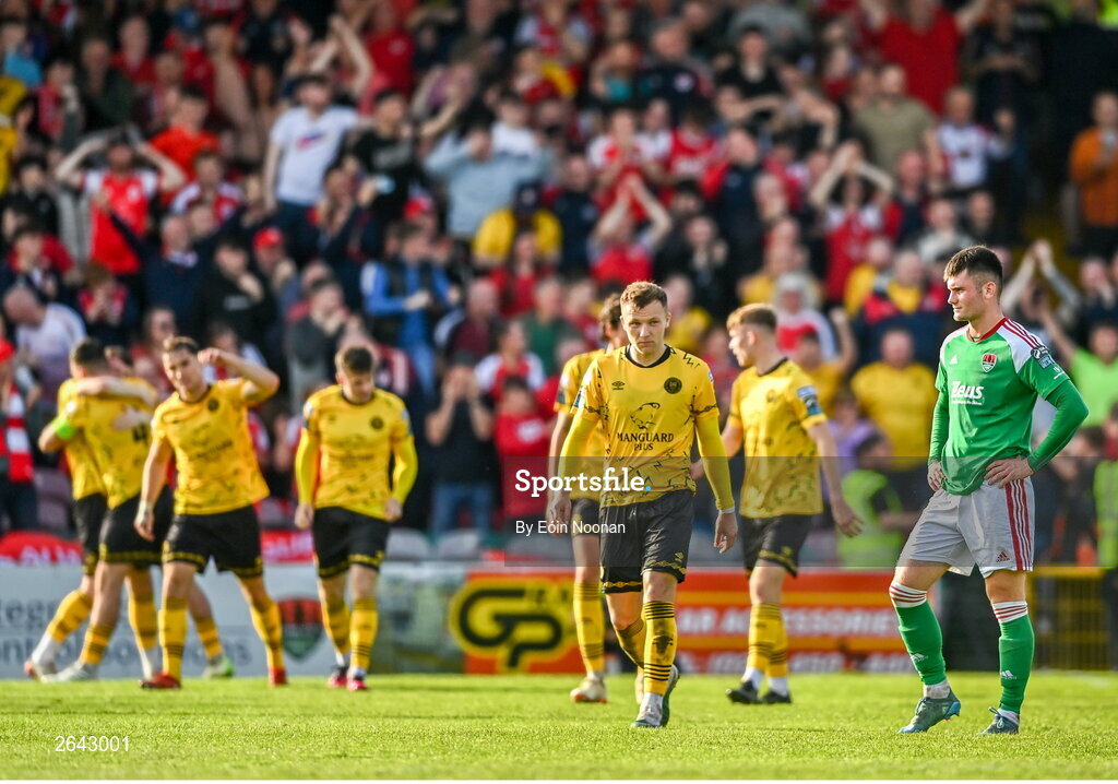 8 October 2023; Joshua Honohan of Cork City reacts after St Patrick's Athletic score their side's second goal during the Sports Direct Men’s FAI Cup semi-final match between Cork City and St Patrick's Athletic at Turner’s Cross in Cork. Photo by Eóin Noonan/Sportsfile