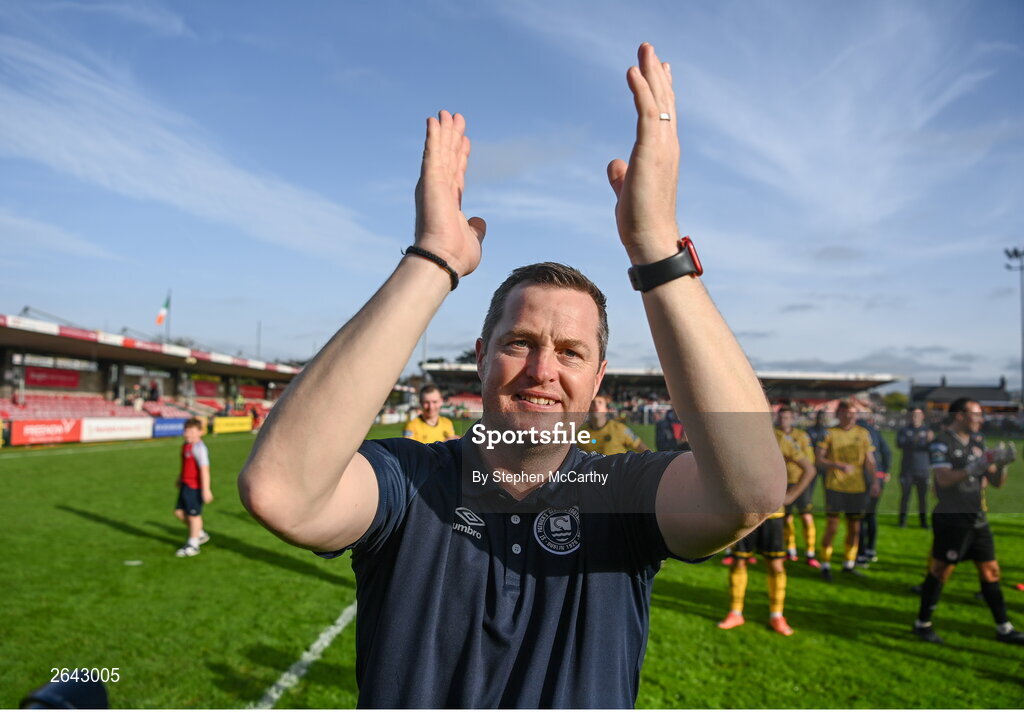 8 October 2023; St Patrick's Athletic manager Jon Daly celebrates after the Sports Direct Men’s FAI Cup semi-final match between Cork City and St Patrick's Athletic at Turner’s Cross in Cork. Photo by Stephen McCarthy/Sportsfile