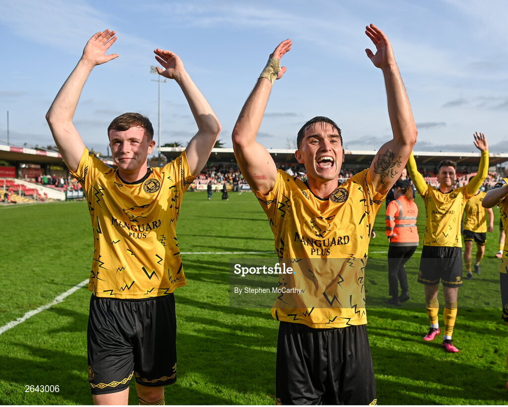 8 October 2023; Anto Breslin and Conor Carty, left, of St Patrick's Athletic celebrates after the Sports Direct Men’s FAI Cup semi-final match between Cork City and St Patrick's Athletic at Turner’s Cross in Cork. Photo by Stephen McCarthy/Sportsfile