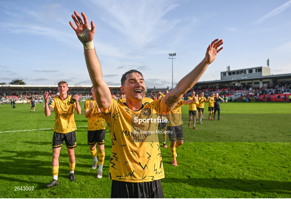 8 October 2023; Anto Breslin of St Patrick's Athletic celebrates after the Sports Direct Men’s FAI Cup semi-final match between Cork City and St Patrick's Athletic at Turner’s Cross in Cork. Photo by Stephen McCarthy/Sportsfile