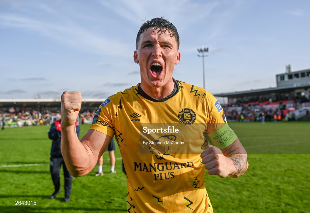 8 October 2023; Joe Redmond of St Patrick's Athletic celebrates after the Sports Direct Men’s FAI Cup semi-final match between Cork City and St Patrick's Athletic at Turner’s Cross in Cork. Photo by Stephen McCarthy/Sportsfile