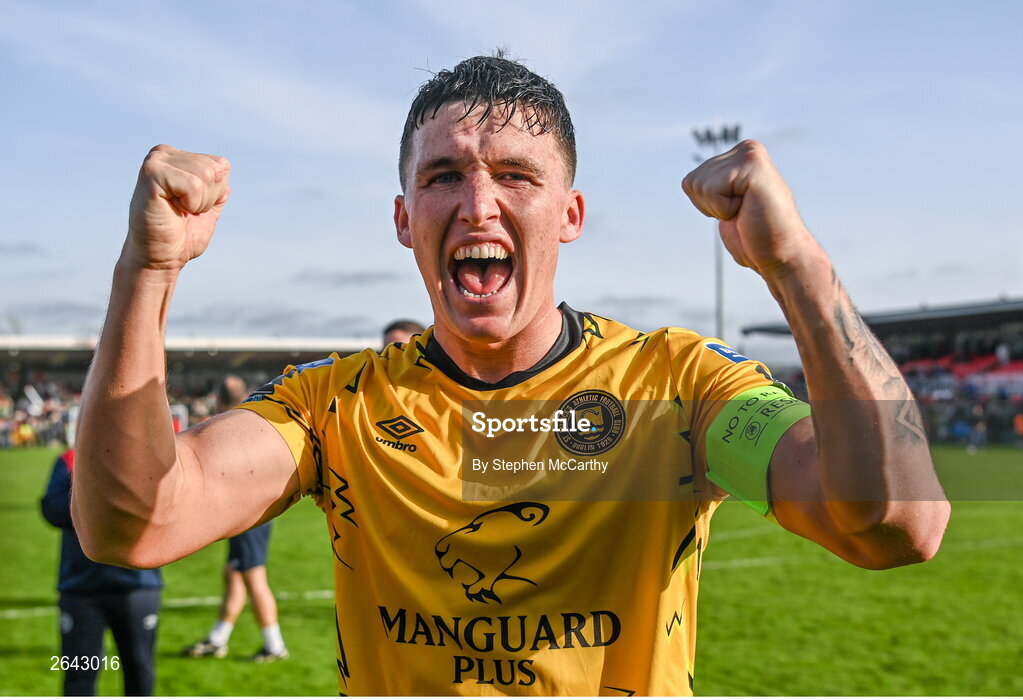 8 October 2023; Joe Redmond of St Patrick's Athletic celebrates after the Sports Direct Men’s FAI Cup semi-final match between Cork City and St Patrick's Athletic at Turner’s Cross in Cork. Photo by Stephen McCarthy/Sportsfile