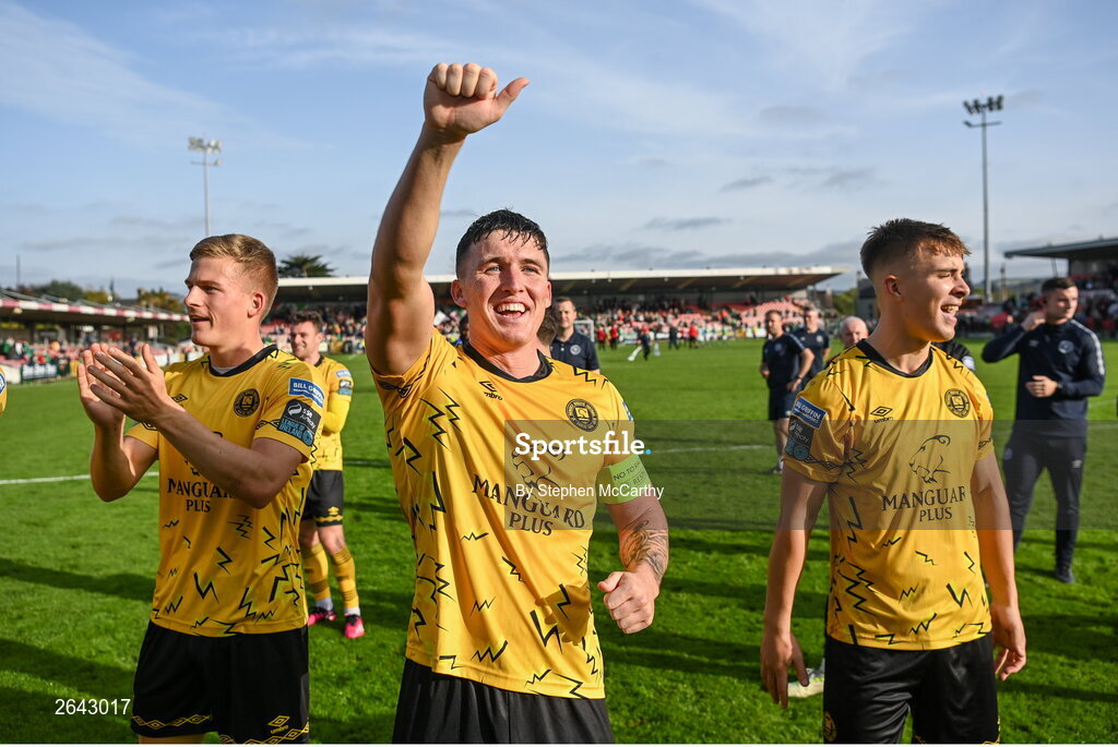 8 October 2023; Joe Redmond of St Patrick's Athletic celebrates after the Sports Direct Men’s FAI Cup semi-final match between Cork City and St Patrick's Athletic at Turner’s Cross in Cork. Photo by Stephen McCarthy/Sportsfile