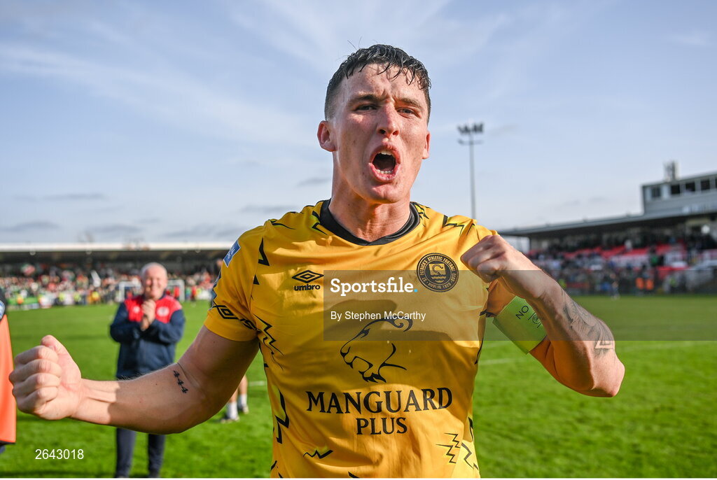 8 October 2023; Joe Redmond of St Patrick's Athletic celebrates after the Sports Direct Men’s FAI Cup semi-final match between Cork City and St Patrick's Athletic at Turner’s Cross in Cork. Photo by Stephen McCarthy/Sportsfile