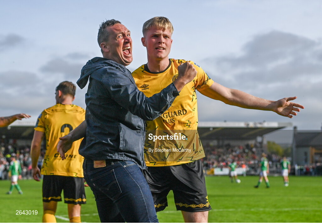 8 October 2023; Jay McGrath of St Patrick's Athletic celebrates his side's second goal during the Sports Direct Men’s FAI Cup semi-final match between Cork City and St Patrick's Athletic at Turner’s Cross in Cork. Photo by Stephen McCarthy/Sportsfile