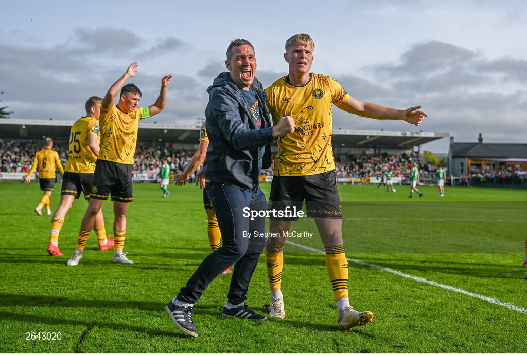 8 October 2023; Jay McGrath of St Patrick's Athletic celebrates his side's second goal during the Sports Direct Men’s FAI Cup semi-final match between Cork City and St Patrick's Athletic at Turner’s Cross in Cork. Photo by Stephen McCarthy/Sportsfile