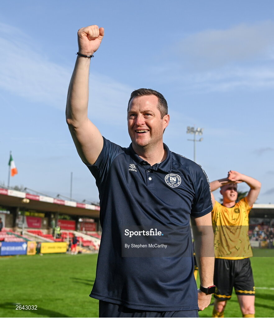 8 October 2023; St Patrick's Athletic manager Jon Daly celebrates after the Sports Direct Men’s FAI Cup semi-final match between Cork City and St Patrick's Athletic at Turner’s Cross in Cork. Photo by Stephen McCarthy/Sportsfile