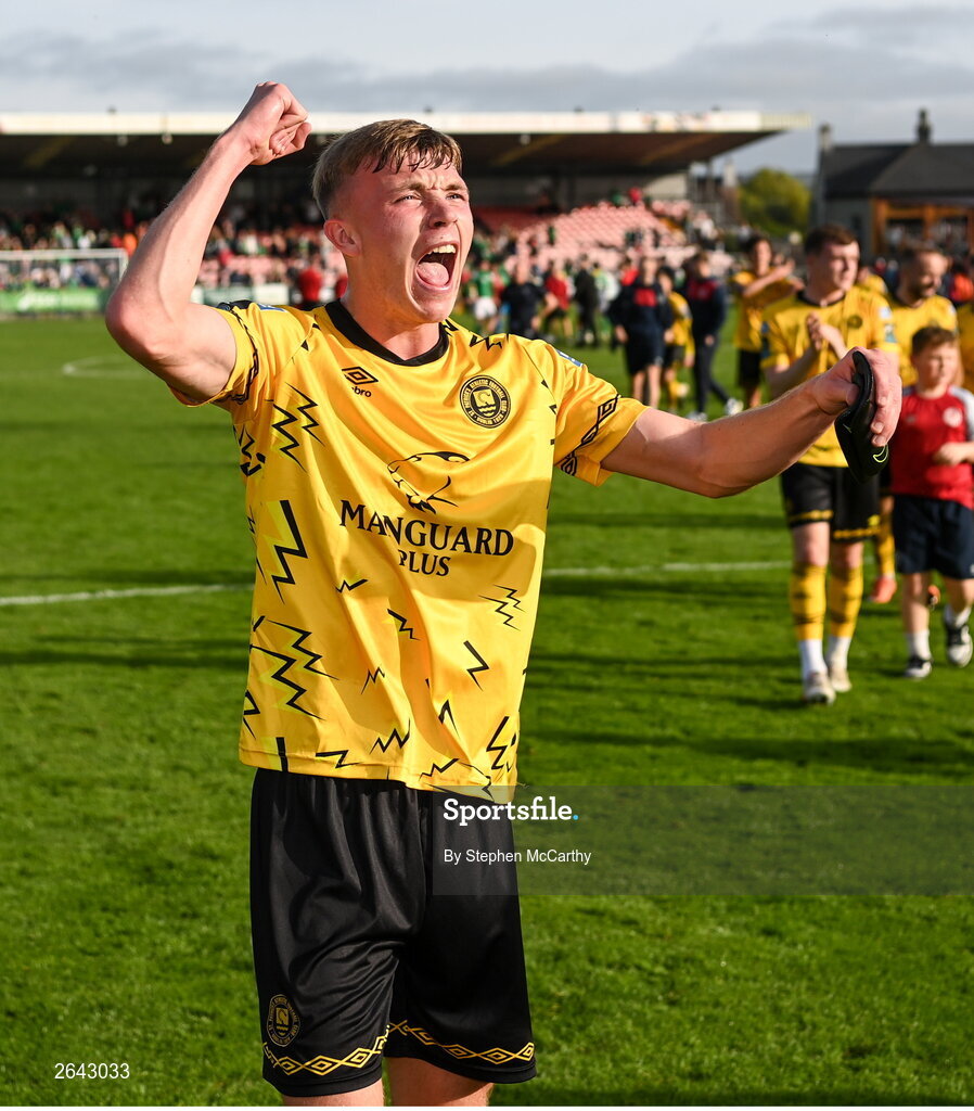 8 October 2023; Alex Nolan of St Patrick's Athletic celebrates after the Sports Direct Men’s FAI Cup semi-final match between Cork City and St Patrick's Athletic at Turner’s Cross in Cork. Photo by Stephen McCarthy/Sportsfile