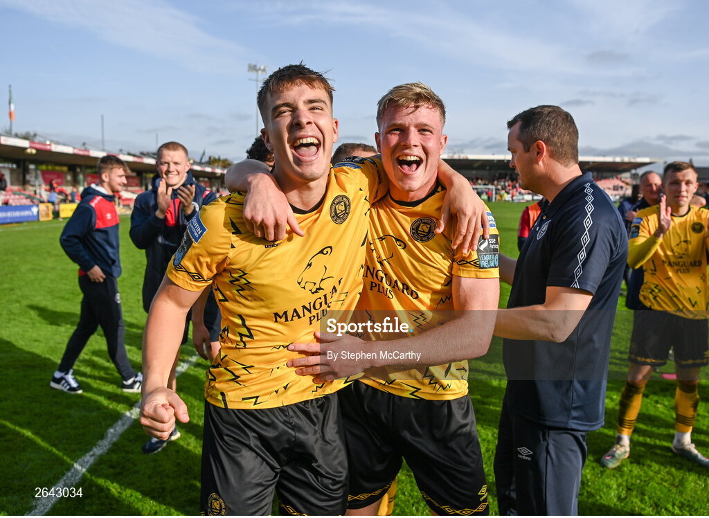 8 October 2023; Tommy Lonergan, left, and Jay McGrath of St Patrick's Athletic celebrate after the Sports Direct Men’s FAI Cup semi-final match between Cork City and St Patrick's Athletic at Turner’s Cross in Cork. Photo by Stephen McCarthy/Sportsfile