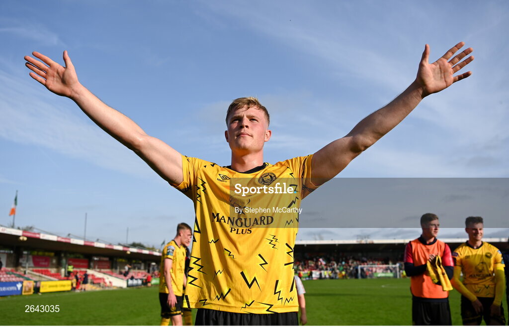 8 October 2023; Jay McGrath of St Patrick's Athletic celebrates after the Sports Direct Men’s FAI Cup semi-final match between Cork City and St Patrick's Athletic at Turner’s Cross in Cork. Photo by Stephen McCarthy/Sportsfile