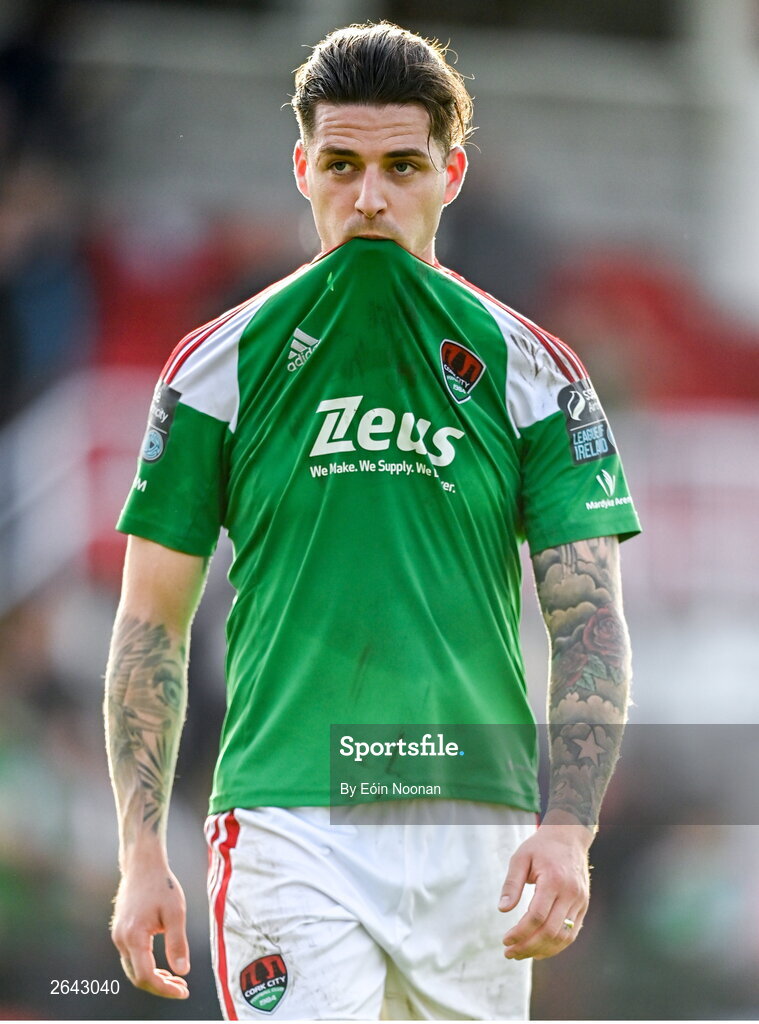 8 October 2023; Ruairi Keating of Cork City leaves the pitch after the Sports Direct Men’s FAI Cup semi-final match between Cork City and St Patrick's Athletic at Turner’s Cross in Cork. Photo by Eóin Noonan/Sportsfile