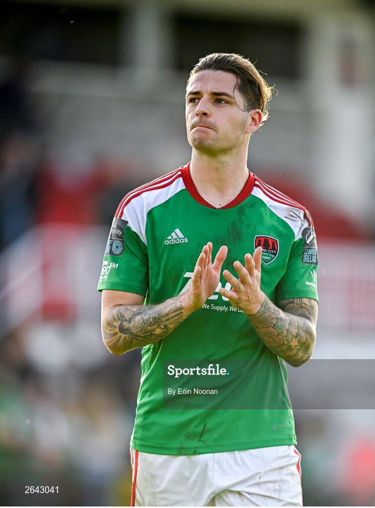 8 October 2023; Ruairi Keating of Cork City leaves the pitch after the Sports Direct Men’s FAI Cup semi-final match between Cork City and St Patrick's Athletic at Turner’s Cross in Cork. Photo by Eóin Noonan/Sportsfile