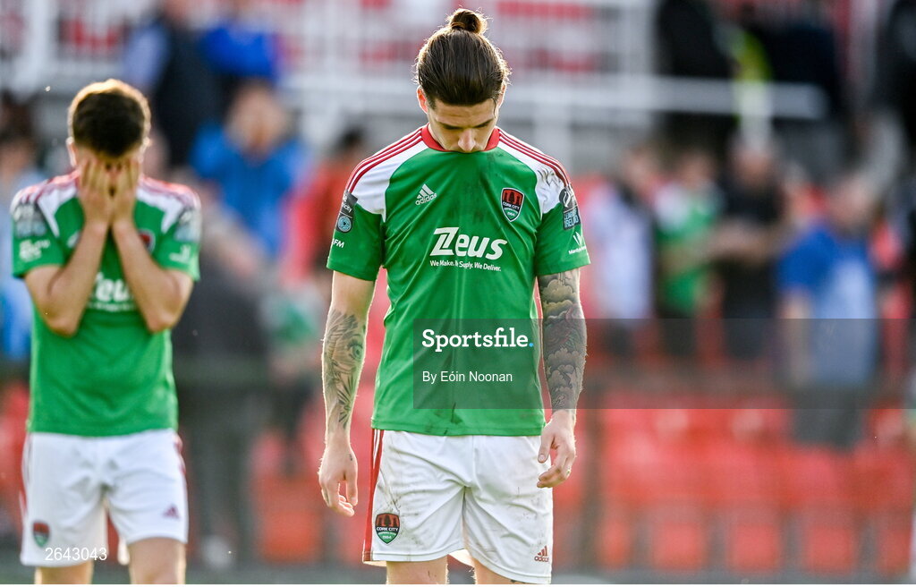 8 October 2023; Ruairi Keating of Cork City leaves the pitch after the Sports Direct Men’s FAI Cup semi-final match between Cork City and St Patrick's Athletic at Turner’s Cross in Cork. Photo by Eóin Noonan/Sportsfile