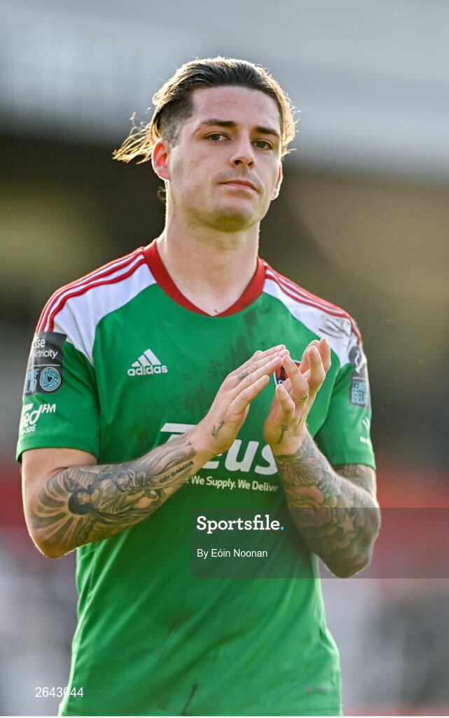 8 October 2023; Ruairi Keating of Cork City leaves the pitch after the Sports Direct Men’s FAI Cup semi-final match between Cork City and St Patrick's Athletic at Turner’s Cross in Cork. Photo by Eóin Noonan/Sportsfile