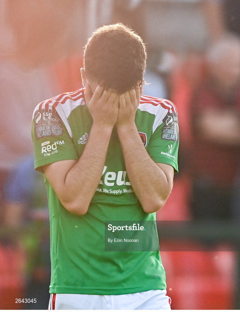 8 October 2023; Barry Coffey of Cork City reacts after the Sports Direct Men’s FAI Cup semi-final match between Cork City and St Patrick's Athletic at Turner’s Cross in Cork. Photo by Eóin Noonan/Sportsfile
