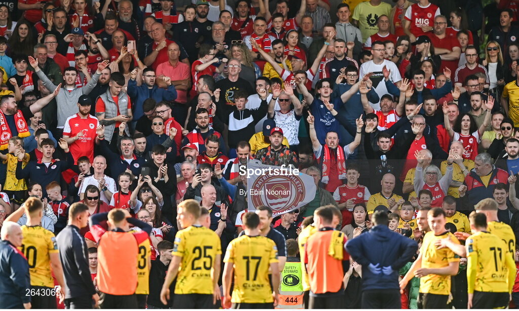 8 October 2023; St Patrick's Athletic players celebrate with supporters after the Sports Direct Men’s FAI Cup semi-final match between Cork City and St Patrick's Athletic at Turner’s Cross in Cork. Photo by Eóin Noonan/Sportsfile