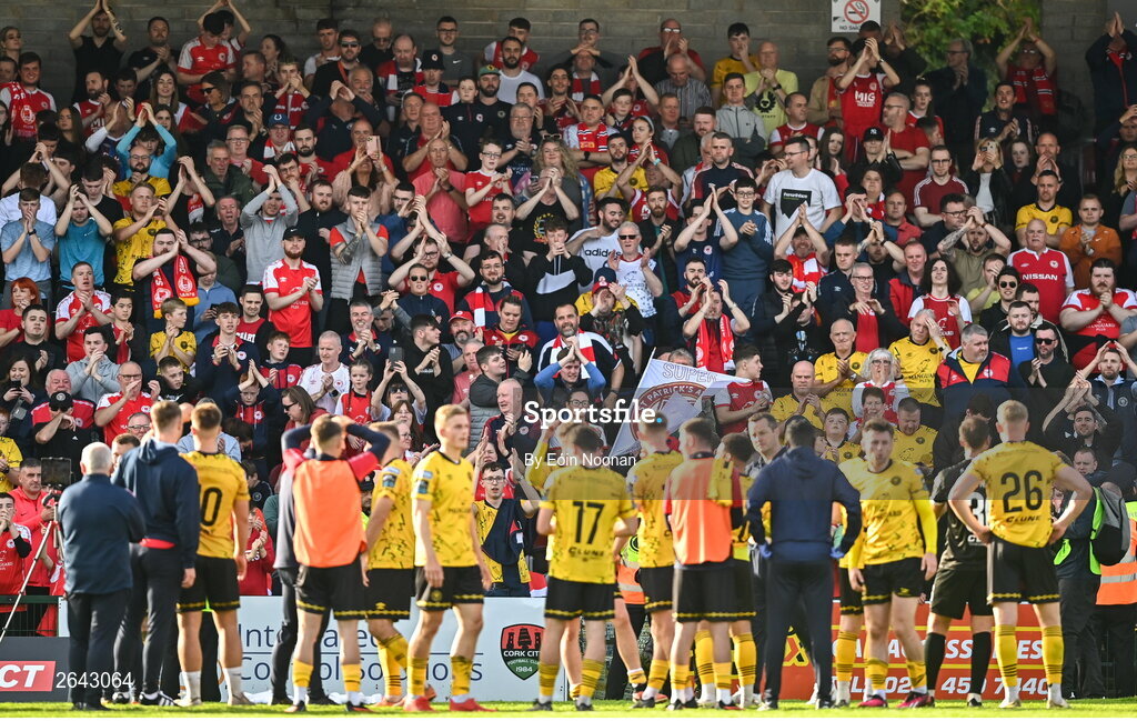 8 October 2023; St Patrick's Athletic players celebrate with supporters after the Sports Direct Men’s FAI Cup semi-final match between Cork City and St Patrick's Athletic at Turner’s Cross in Cork. Photo by Eóin Noonan/Sportsfile