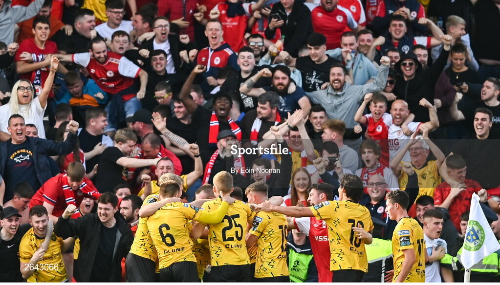 8 October 2023; St Patrick's Athletic players celebrate their side's second goal during the Sports Direct Men’s FAI Cup semi-final match between Cork City and St Patrick's Athletic at Turner’s Cross in Cork. Photo by Eóin Noonan/Sportsfile