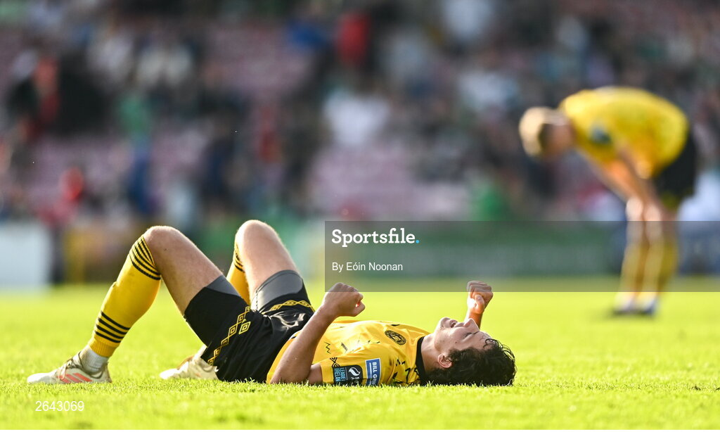 8 October 2023; David Norman of St Patrick's Athletic celebrates at the final whistle during the Sports Direct Men’s FAI Cup semi-final match between Cork City and St Patrick's Athletic at Turner’s Cross in Cork. Photo by Eóin Noonan/Sportsfile