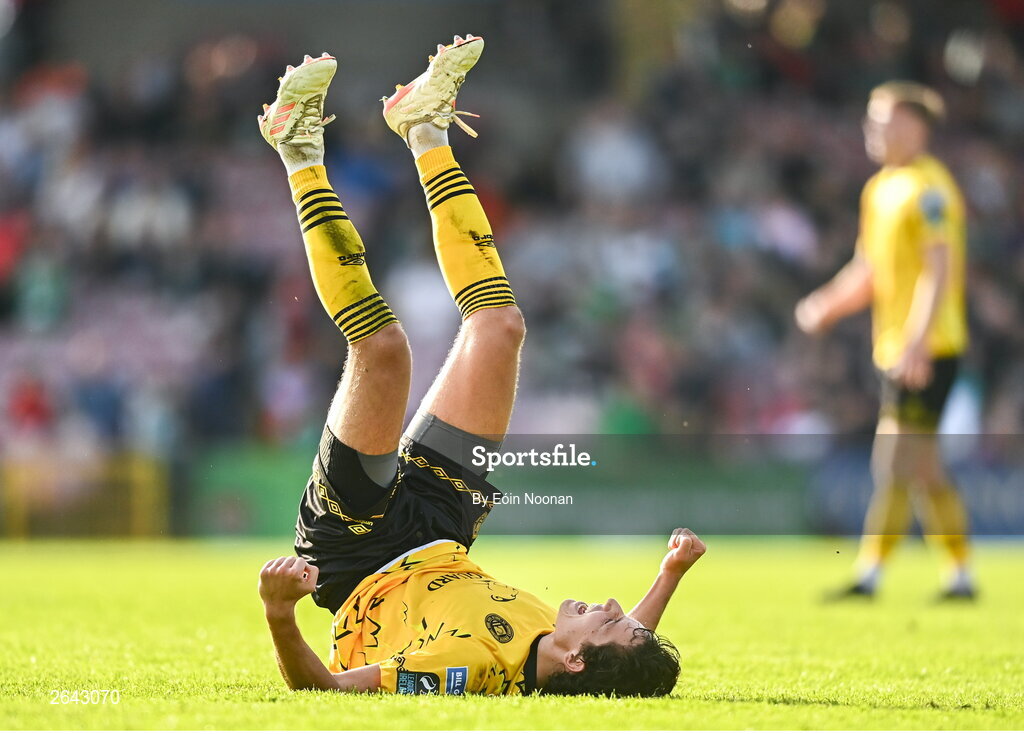 8 October 2023; David Norman of St Patrick's Athletic celebrates at the final whistle during the Sports Direct Men’s FAI Cup semi-final match between Cork City and St Patrick's Athletic at Turner’s Cross in Cork. Photo by Eóin Noonan/Sportsfile