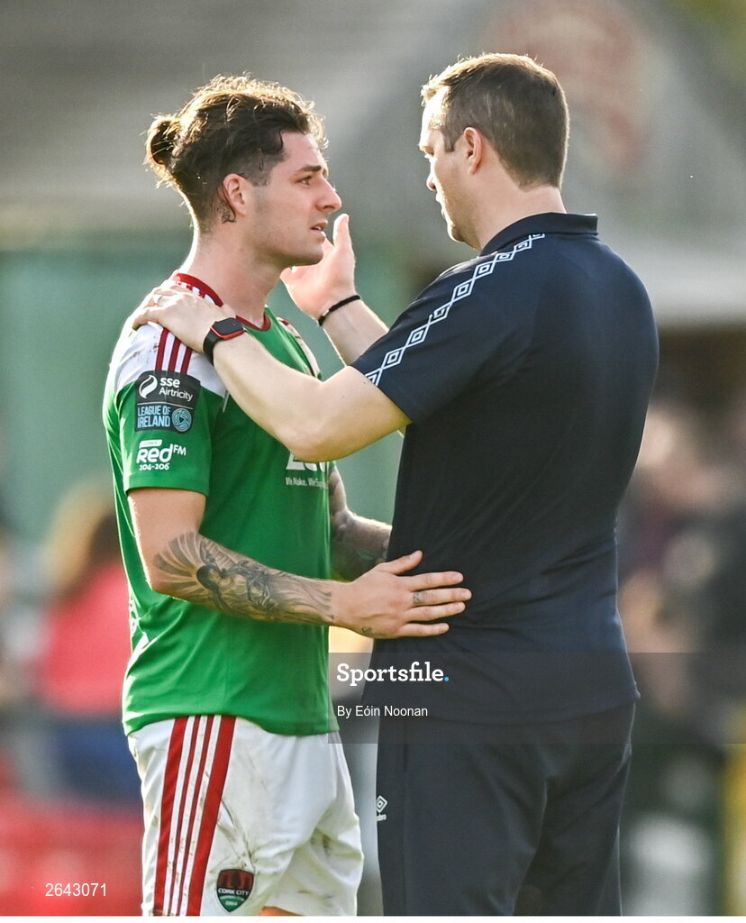 8 October 2023; Ruairi Keating of Cork City with St Patrick's Athletic manager Jon Daly after the Sports Direct Men’s FAI Cup semi-final match between Cork City and St Patrick's Athletic at Turner’s Cross in Cork. Photo by Eóin Noonan/Sportsfile