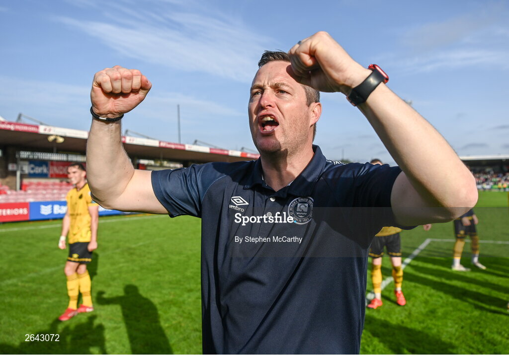 8 October 2023; St Patrick's Athletic manager Jon Daly celebrates after the Sports Direct Men’s FAI Cup semi-final match between Cork City and St Patrick's Athletic at Turner’s Cross in Cork. Photo by Stephen McCarthy/Sportsfile