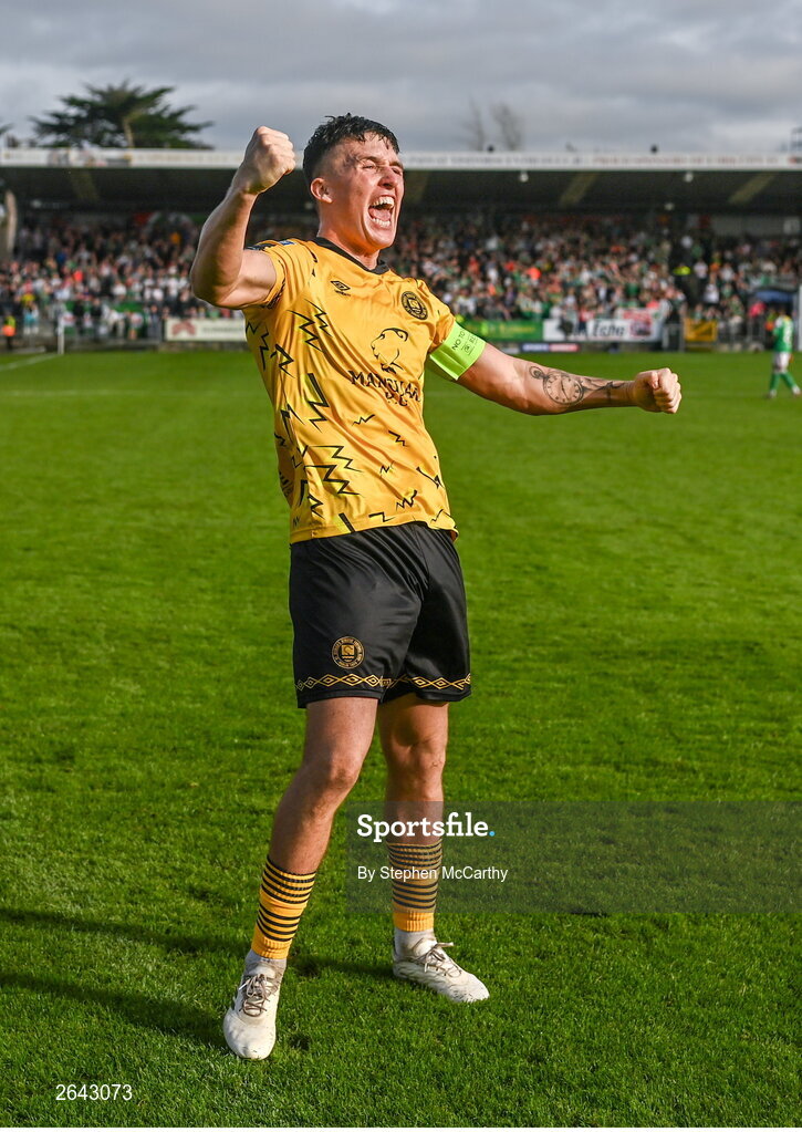8 October 2023; Joe Redmond of St Patrick's Athletic celebrates his side's second goal during the Sports Direct Men’s FAI Cup semi-final match between Cork City and St Patrick's Athletic at Turner’s Cross in Cork. Photo by Stephen McCarthy/Sportsfile
