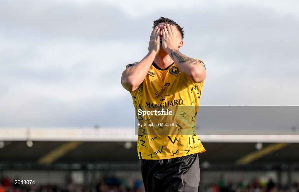 8 October 2023; Joe Redmond of St Patrick's Athletic celebrates his side's second goal during the Sports Direct Men’s FAI Cup semi-final match between Cork City and St Patrick's Athletic at Turner’s Cross in Cork. Photo by Stephen McCarthy/Sportsfile