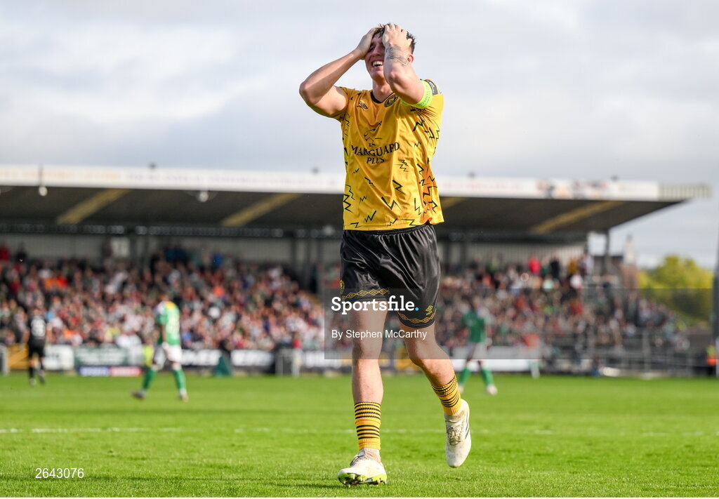 8 October 2023; Joe Redmond of St Patrick's Athletic celebrates his side's second goal during the Sports Direct Men’s FAI Cup semi-final match between Cork City and St Patrick's Athletic at Turner’s Cross in Cork. Photo by Stephen McCarthy/Sportsfile
