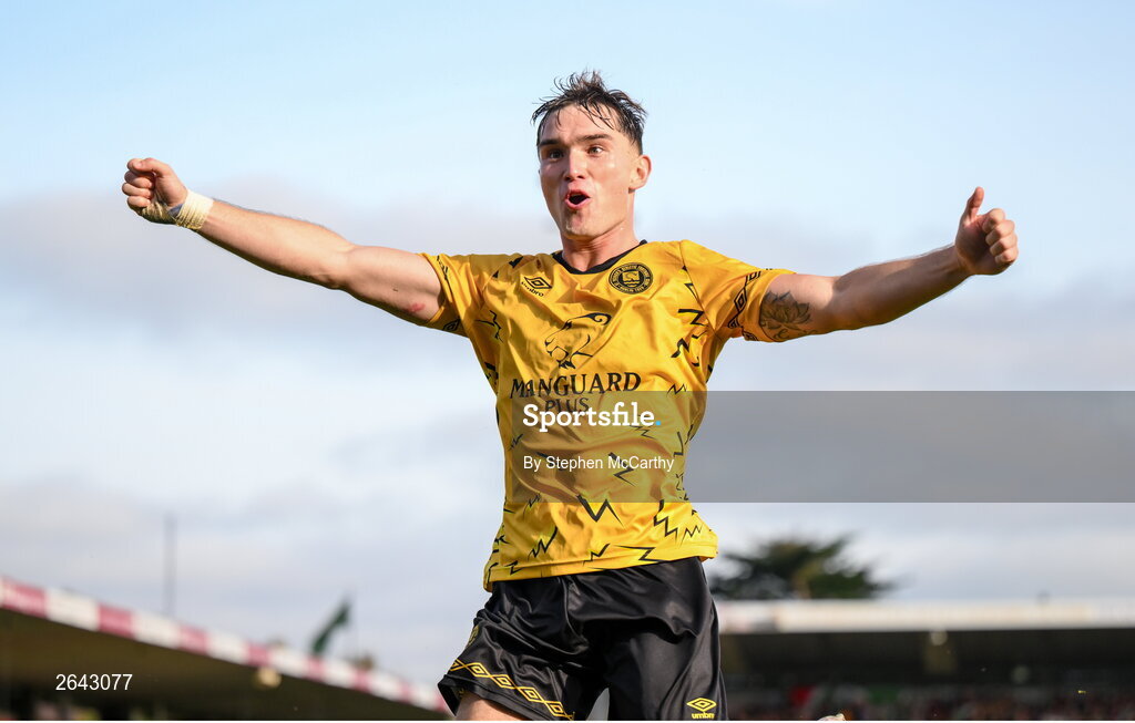 8 October 2023; Anto Breslin of St Patrick's Athletic celebrates his side's second goal during the Sports Direct Men’s FAI Cup semi-final match between Cork City and St Patrick's Athletic at Turner’s Cross in Cork. Photo by Stephen McCarthy/Sportsfile