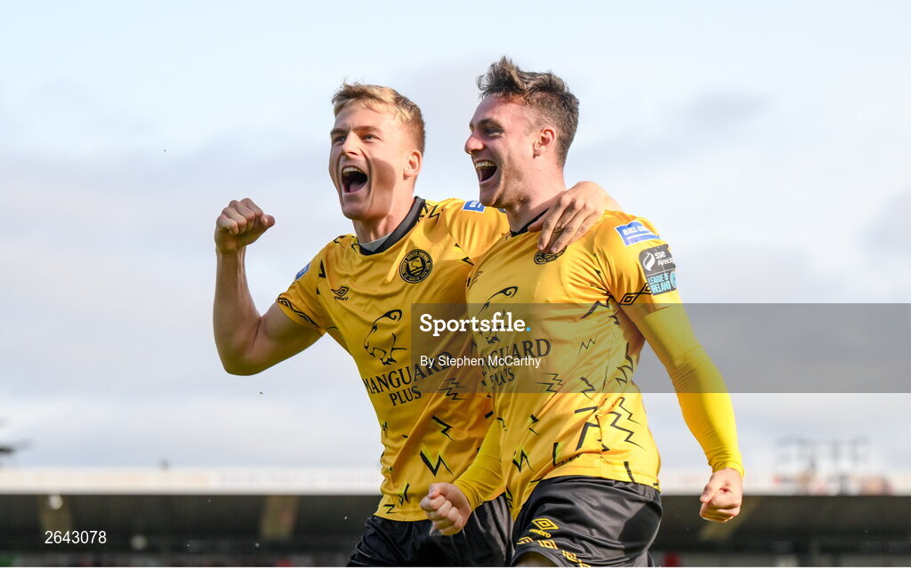 8 October 2023; Thijs Timmermans, left, and Jay McClelland of St Patrick's Athletic celebrate their second goal during the Sports Direct Men’s FAI Cup semi-final match between Cork City and St Patrick's Athletic at Turner’s Cross in Cork. Photo by Stephen McCarthy/Sportsfile