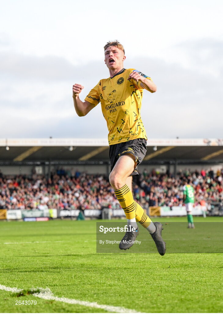 8 October 2023; Alex Nolan of St Patrick's Athletic celebrates his side's second goal during the Sports Direct Men’s FAI Cup semi-final match between Cork City and St Patrick's Athletic at Turner’s Cross in Cork. Photo by Stephen McCarthy/Sportsfile
