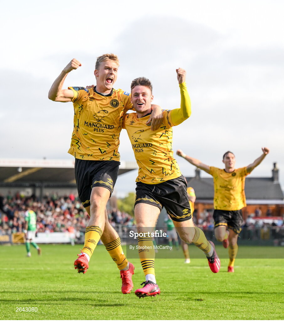 8 October 2023; Thijs Timmermans, left, and Jay McClelland of St Patrick's Athletic celebrate their second goal during the Sports Direct Men’s FAI Cup semi-final match between Cork City and St Patrick's Athletic at Turner’s Cross in Cork. Photo by Stephen McCarthy/Sportsfile