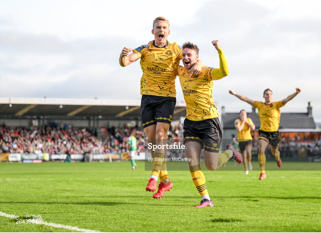 8 October 2023; Thijs Timmermans, left, and Jay McClelland of St Patrick's Athletic celebrate their second goal during the Sports Direct Men’s FAI Cup semi-final match between Cork City and St Patrick's Athletic at Turner’s Cross in Cork. Photo by Stephen McCarthy/Sportsfile