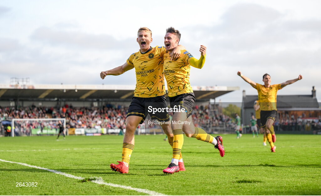8 October 2023; Thijs Timmermans, left, and Jay McClelland of St Patrick's Athletic celebrate their second goal during the Sports Direct Men’s FAI Cup semi-final match between Cork City and St Patrick's Athletic at Turner’s Cross in Cork. Photo by Stephen McCarthy/Sportsfile
