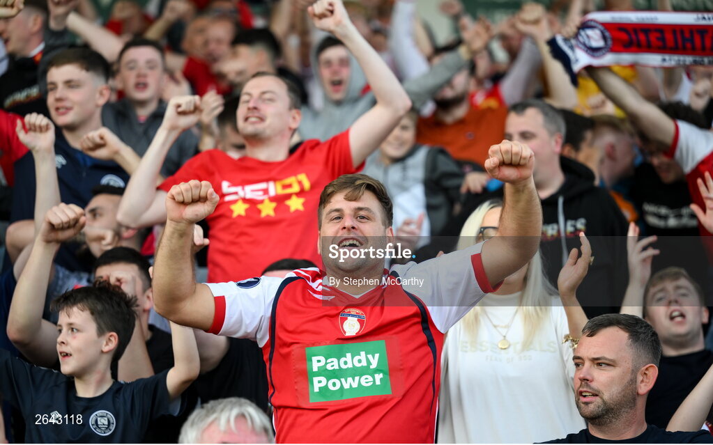8 October 2023; St Patrick's Athletic supporters celebrate their second goal during the Sports Direct Men’s FAI Cup semi-final match between Cork City and St Patrick's Athletic at Turner’s Cross in Cork. Photo by Stephen McCarthy/Sportsfile