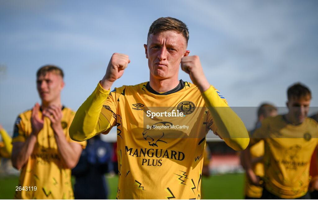 8 October 2023; Chris Forrester of St Patrick's Athletic celebrates after the Sports Direct Men’s FAI Cup semi-final match between Cork City and St Patrick's Athletic at Turner’s Cross in Cork. Photo by Stephen McCarthy/Sportsfile