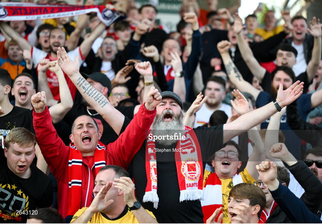 8 October 2023; St Patrick's Athletic supporters celebrate their second goal during the Sports Direct Men’s FAI Cup semi-final match between Cork City and St Patrick's Athletic at Turner’s Cross in Cork. Photo by Stephen McCarthy/Sportsfile