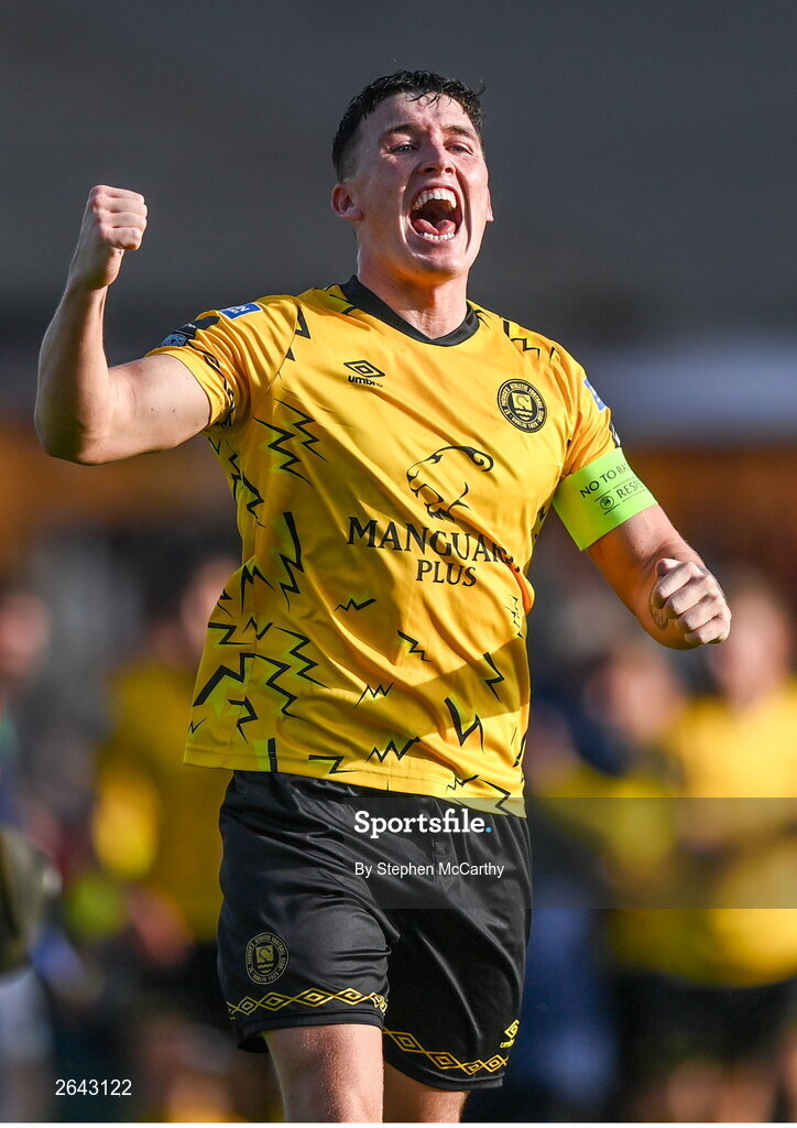 8 October 2023; Joe Redmond of St Patrick's Athletic celebrates after the Sports Direct Men’s FAI Cup semi-final match between Cork City and St Patrick's Athletic at Turner’s Cross in Cork. Photo by Stephen McCarthy/Sportsfile