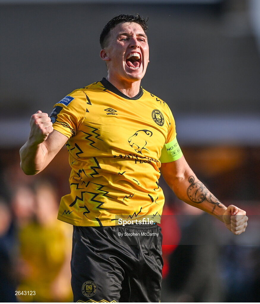 8 October 2023; Joe Redmond of St Patrick's Athletic celebrates after the Sports Direct Men’s FAI Cup semi-final match between Cork City and St Patrick's Athletic at Turner’s Cross in Cork. Photo by Stephen McCarthy/Sportsfile