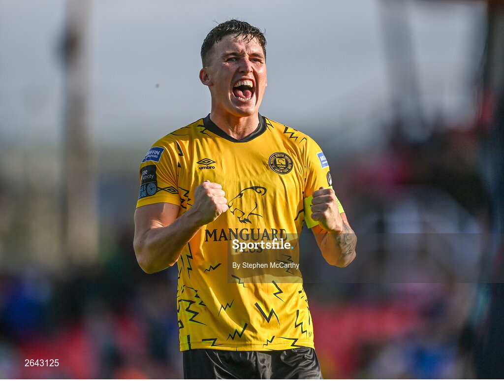 8 October 2023; Joe Redmond of St Patrick's Athletic celebrates after the Sports Direct Men’s FAI Cup semi-final match between Cork City and St Patrick's Athletic at Turner’s Cross in Cork. Photo by Stephen McCarthy/Sportsfile