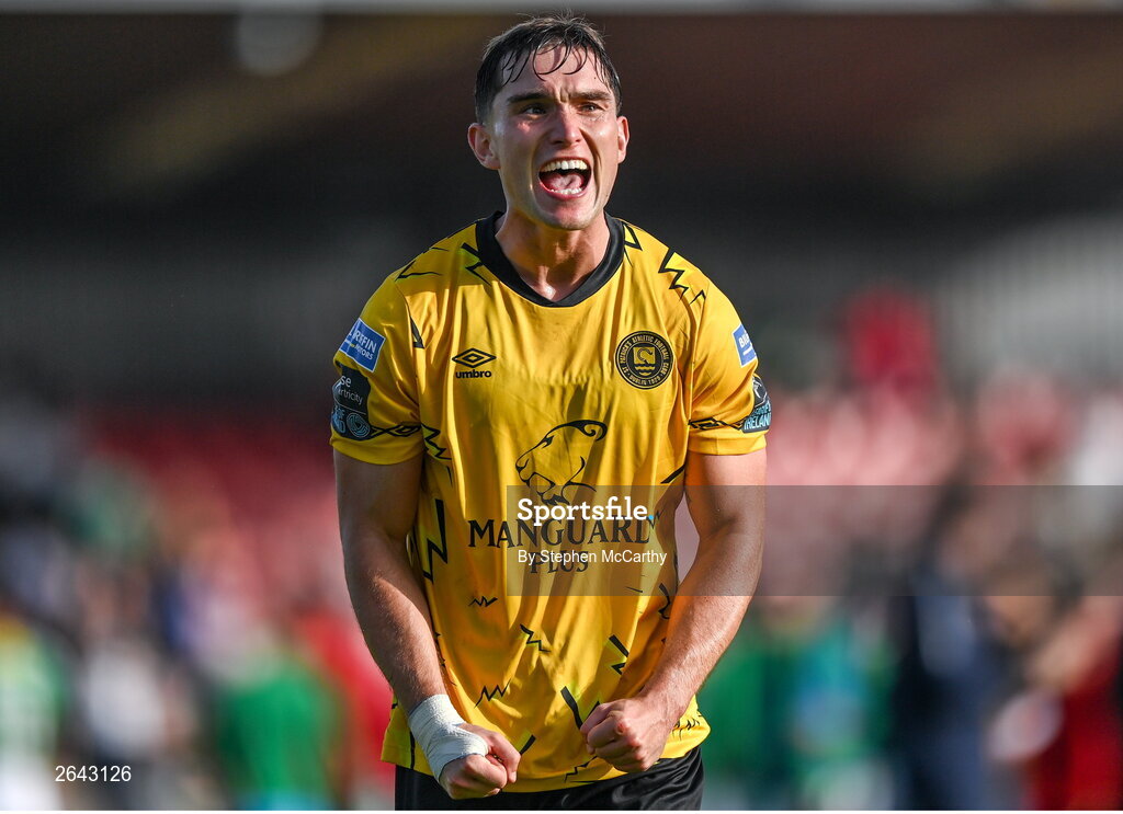 8 October 2023; Anto Breslin of St Patrick's Athletic celebrates after the Sports Direct Men’s FAI Cup semi-final match between Cork City and St Patrick's Athletic at Turner’s Cross in Cork. Photo by Stephen McCarthy/Sportsfile